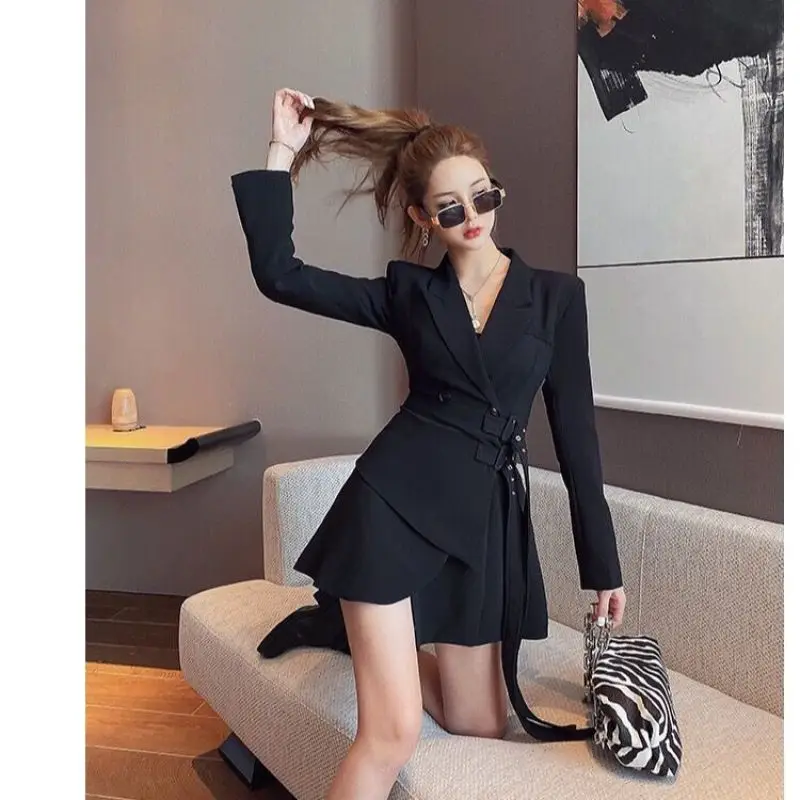 

Spring Autumn New Korean Version Fashion Temperament Lace Up Asymmetric Elegant Solid Color Suit Waist Pulling Dress for Women