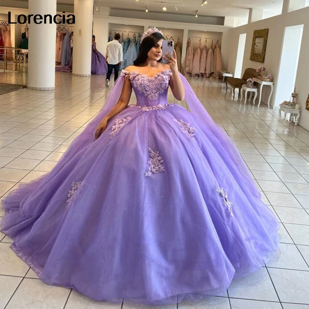 

Lorencia Glittering Lilac Quinceanera Dress With Cape Lace Applique Beading Ball Gown Mexico Sweet 16 Vestidos De 15 Años YQD799