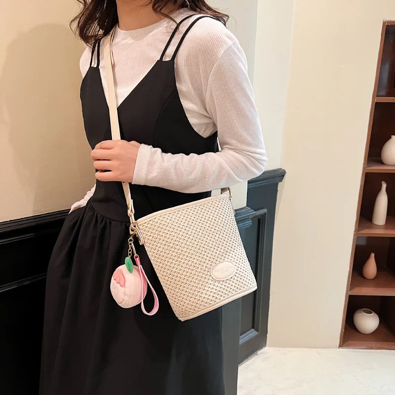 Bucket Bag Straw Woven Handbag Women Aesthetic Summer Fashion Contrast Color Trend Design Crossbody Bag Leisure Travel All-match