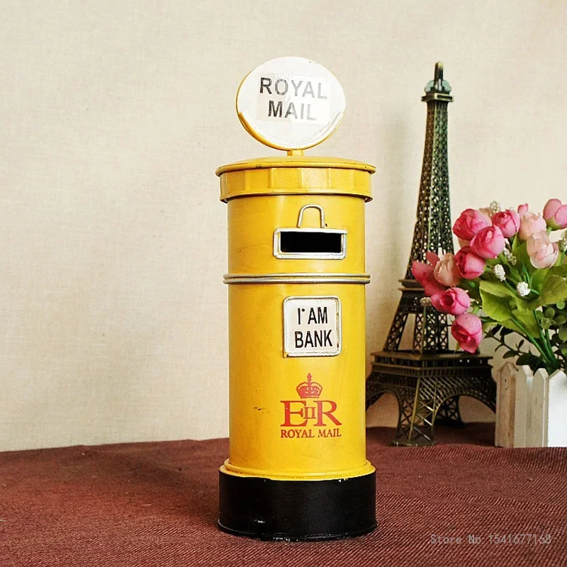 Chinese Metal Post Box Model Piggy Bank, Home Office Furnishing Gifts, Handmade Imitation, Ancient Iron Model, Blue, Yellow, 1Pc
