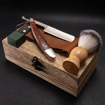 Set di rasoi da barbiere professionali da uomo di alta gamma con lama dritta per la cura della barba, con panno per la pulizia, spazzola per la riparazione e pietre per affilare