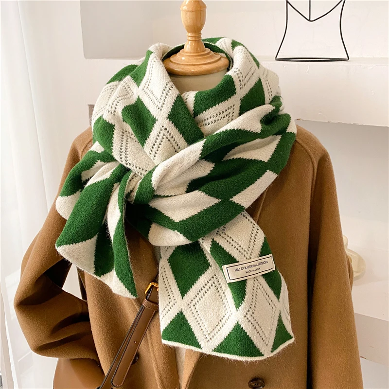 

Winter Knitted Diamond Plaid Women Scarf Fashion Warm Korean Style Soft Thick Elastic Woolen Yarn Bufanda Neckerchief Echarpe