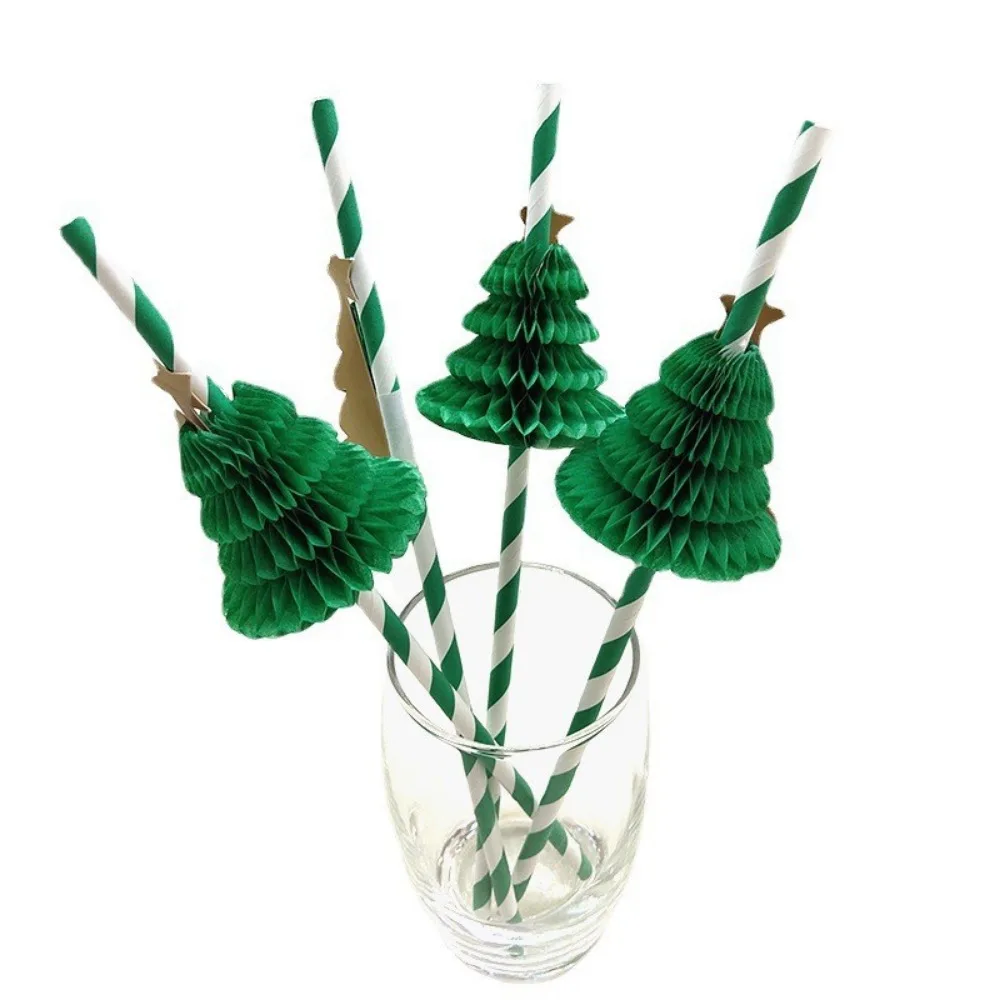 10/50 Pcs 3D Christmas Tree Party Decoration Green Disposable Paper Straws for Christmas Party