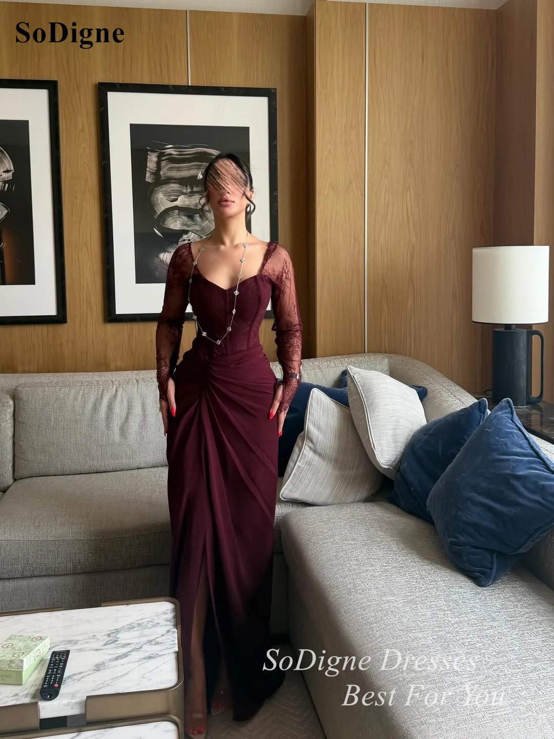 SoDigne Sexy Lace Patchwork Chiffon Evening Dresses Full Sleeves Sheath Prom Dress Pleated High Slit Party Gowns 2026 Customized 6