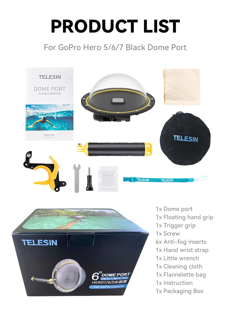 TELESIN 30M Waterproof Dome Port Underwater Housing Case With Floating Handle Tr