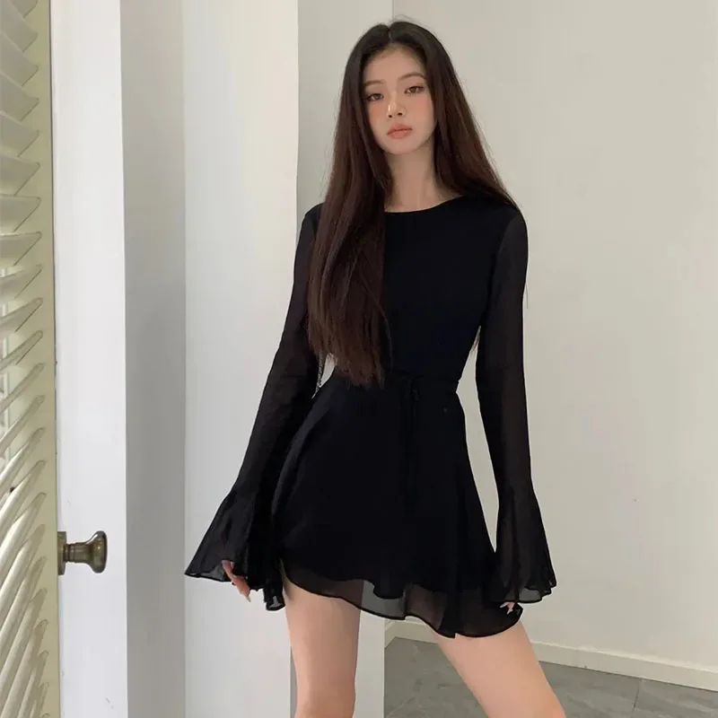 

Black Sexy Backless Dress Women Korean Elegant Hollow Out Lace Up Long Sleeve Dress Ladies Fashion Patchwork Ruffle Mini Dress