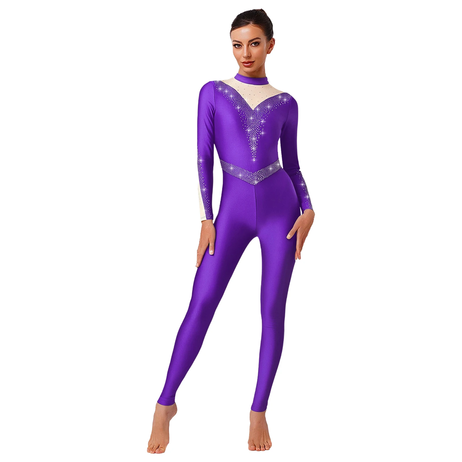 Frauen Erwachsene Gymnastik Ballett Tanz Trikot Künstlerische Eiskunstlauf Kostüm Glänzende Strass Tanz Training Unitards Overall – Detail 8