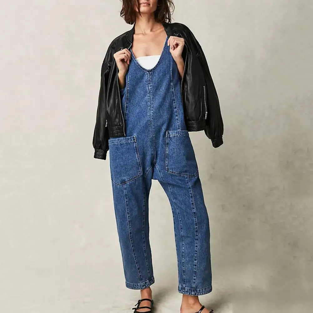 Relaxed Fit Jumpsuit Stylish Women's Denim Bib Overalls with Adjustable Straps Pockets Casual Jumpsuit for Streetwear Relaxed