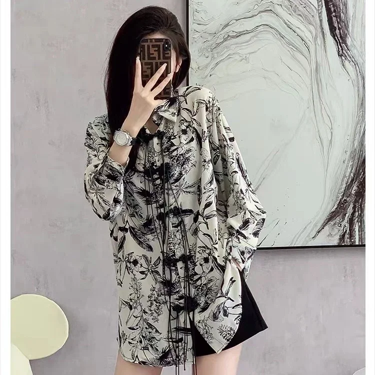 2024 new chinese style spring summer new women improved cheongsam blouse floral printing lady oriental fashion daily blouse new chinese style oriental improved lady graceful women traditional ink painting floral printing slim cheongsam qipao dress