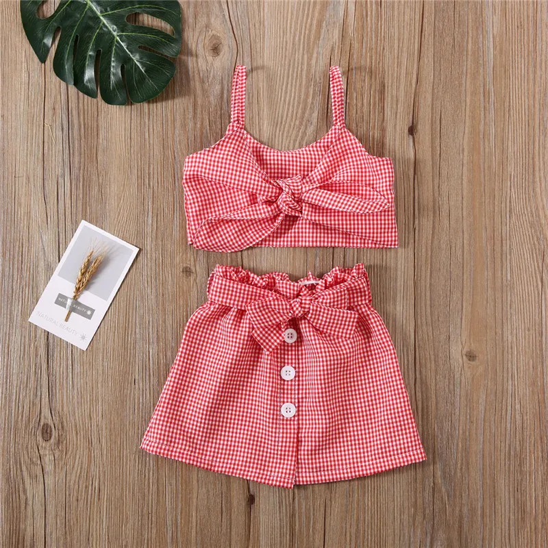 1-6years Girls Summer Clothing Set Baby Girls Red Plaid Sleeveless Crop Top Lace Up Skirt With Button Girls Outfits