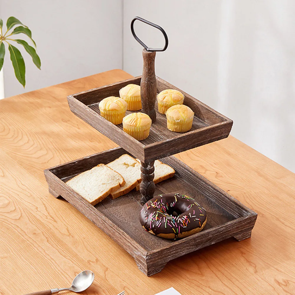 Soporte Para Tartas De 2 Pisos De Madera – Con Asa De Metal, Bandeja Inferior 33x33 Cm, Superior 23x23 Cm, Ideal Para Bodas, Cumpleaños O Fiestas