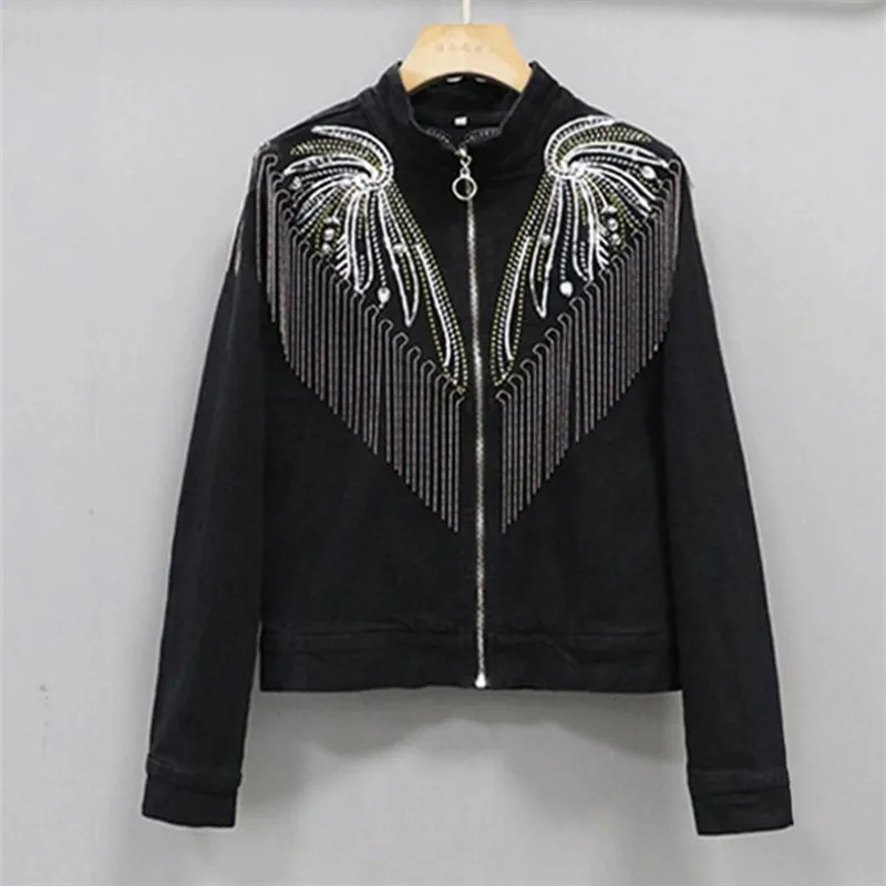 black denim jean jacket with tassels
