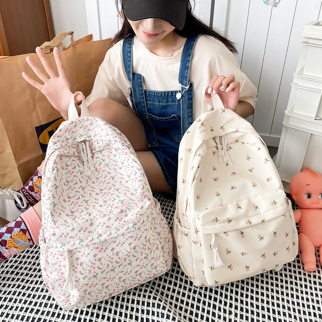 HZEWLS Retro Fashion Flower Backpacks Nylon Female Girl Small School Bags  Rucksack (Pink) 