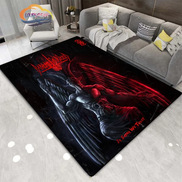 Skull Satanic Goat Serpent Inverted Pentagram Flame Area Rug Black and  White Red Version-satanic Pentagram Rug-satanic Decor 