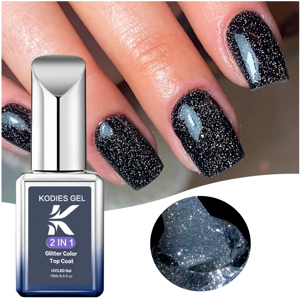 KODIES GEL Reflective Glitter Top Coat Gel Nail Polish Semi Permanent UV Sparkle Gel Top Finish Sealant Super Shine Top Gellak 6