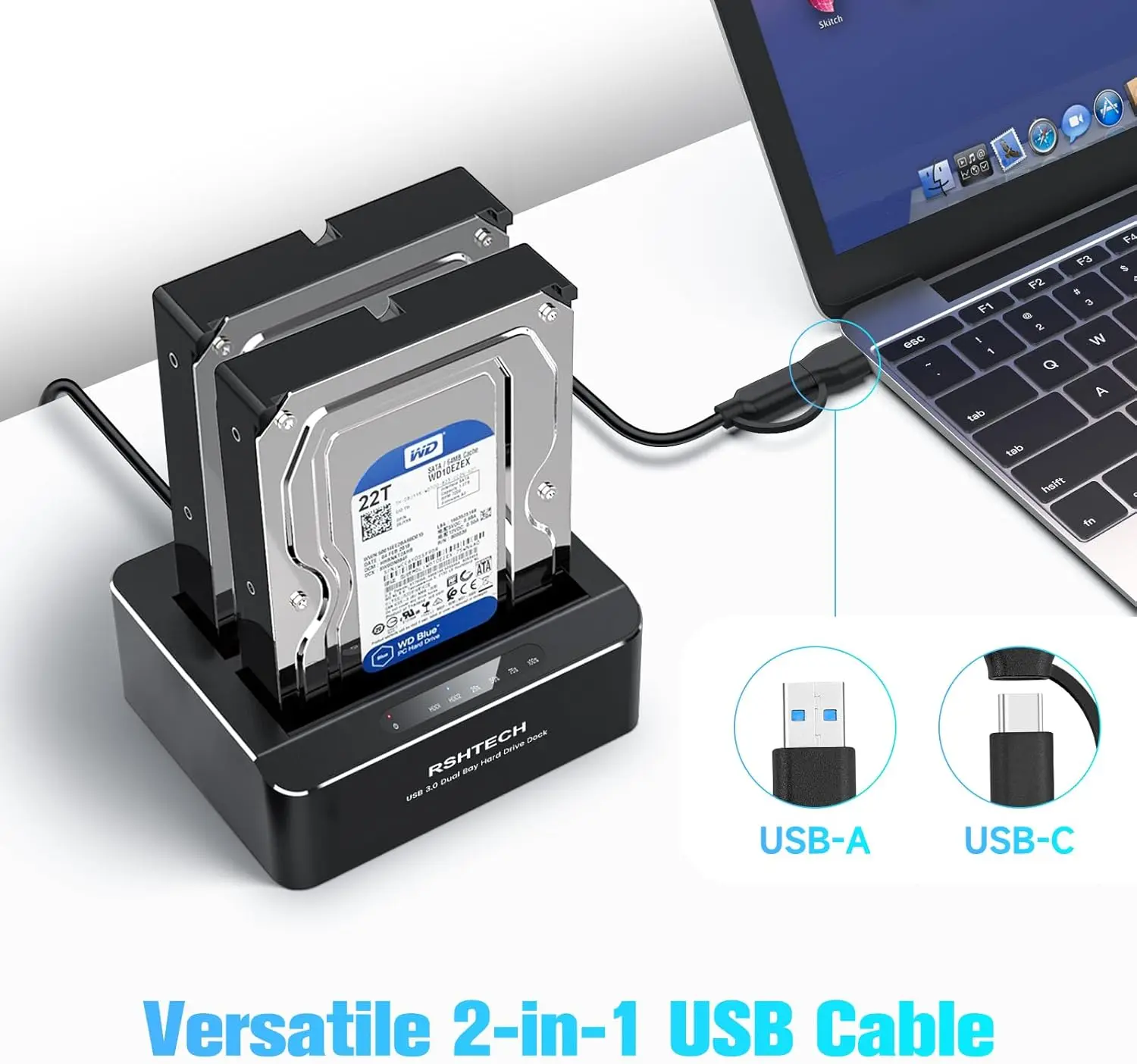 Hard Drive Docking Station Dual Bay Aluminum External 2.5 & 3.5 inch SATA HDD/SSD Enclosure