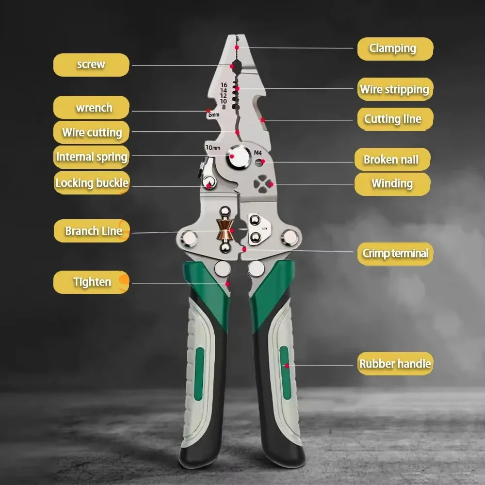 Foldable 18-in-1 wire stripping pliers shown fully opened