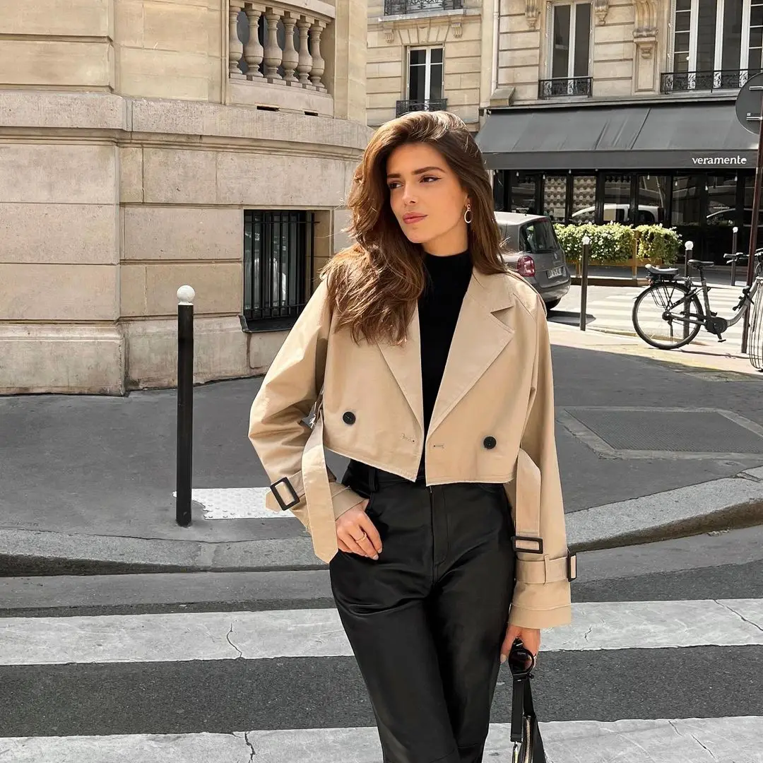 

Suninheart Autumn Women Khaki Double Breasted Cropped Jacket High Street Casual Loose Lapel Coat Top 2023 Women's Clothing