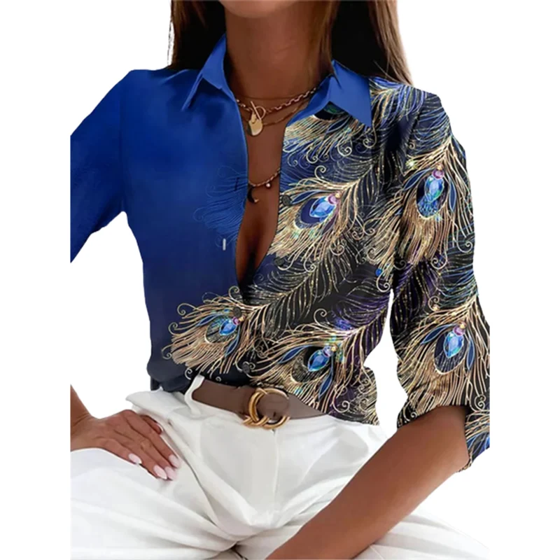 

Elegant Feather Gems Print Long Sleeve Loose Shirt Women Single-breasted Cardigan Lapel Blouse Female Autumn Daily Commuter Tops