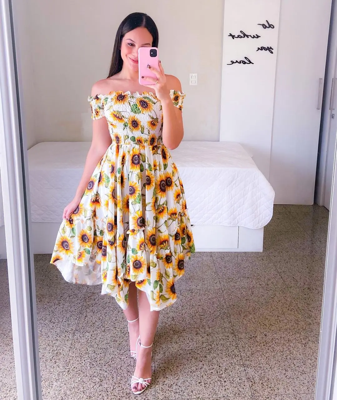 

Woman Off Shoulder Short Sleeve dress Sunflower Floral Printed Pleated irregular dress S-XL 6Color