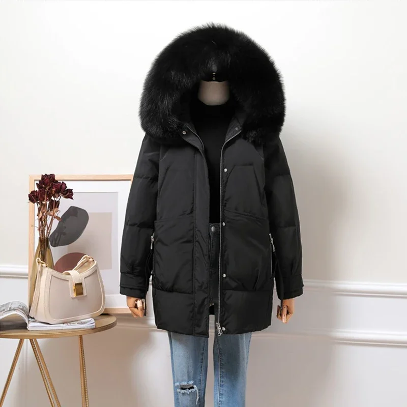 Women 2024 Down Jacket Women Winter New Hooded Fur Collar Mid-length Thick Winter Waist Korean Version Loose Coat