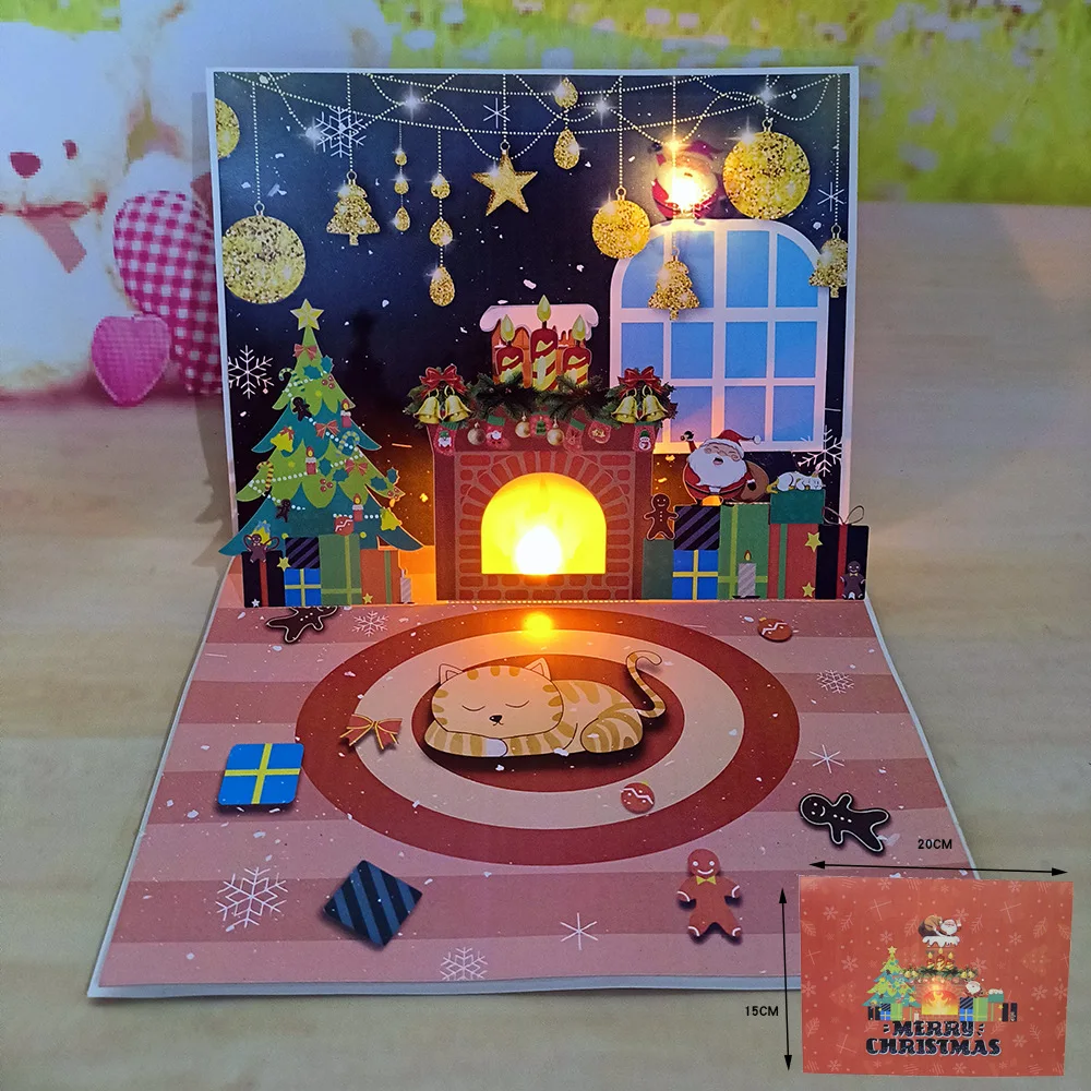 Christmas Blessings Music Lights Projection Elderly Fireplace 3D Stereoscopic Greeting Card Paper Sculpture New Year Card 1PC