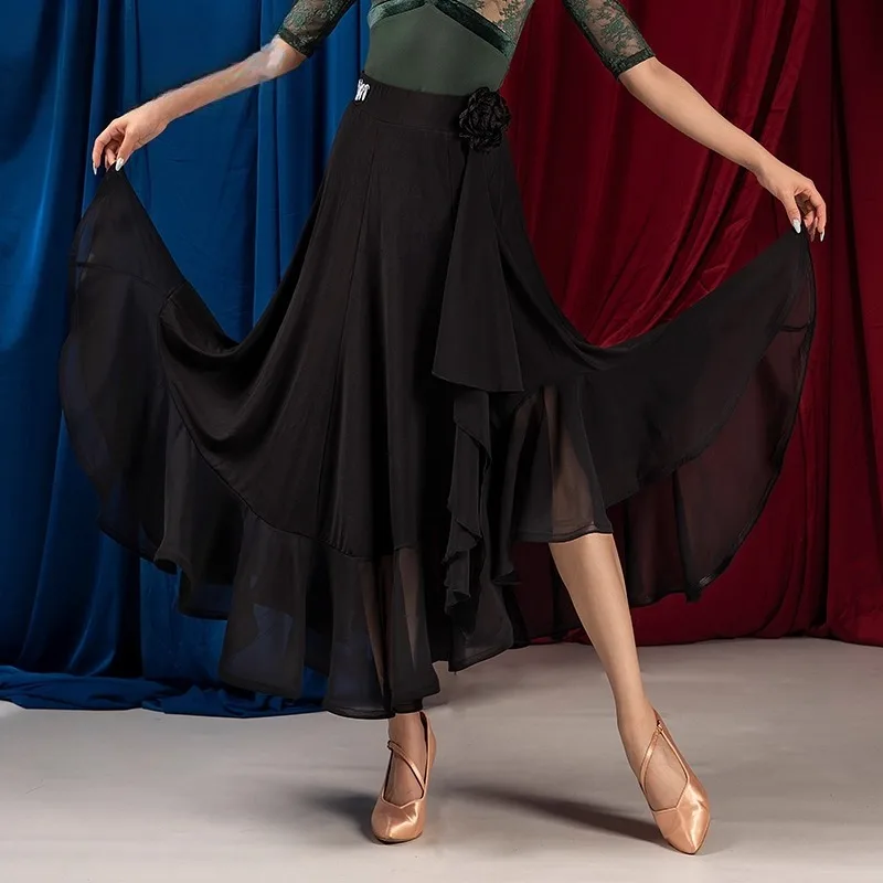 UK Latin Dance Skirt - Women's Ballroom Full Flounce Skirt with 3D Side Flowers & Streamers, Boned Elegant Standard Dance Skirt