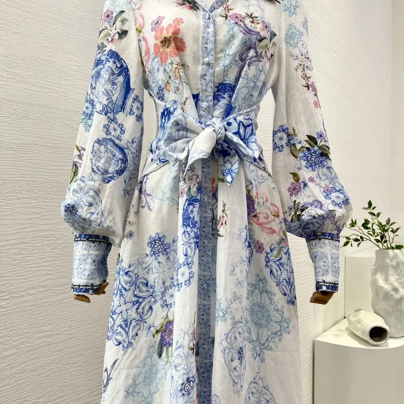 2024 The latest collection blue Print casual holiday vintage long sleeve diamond ruffled women's elegant dress