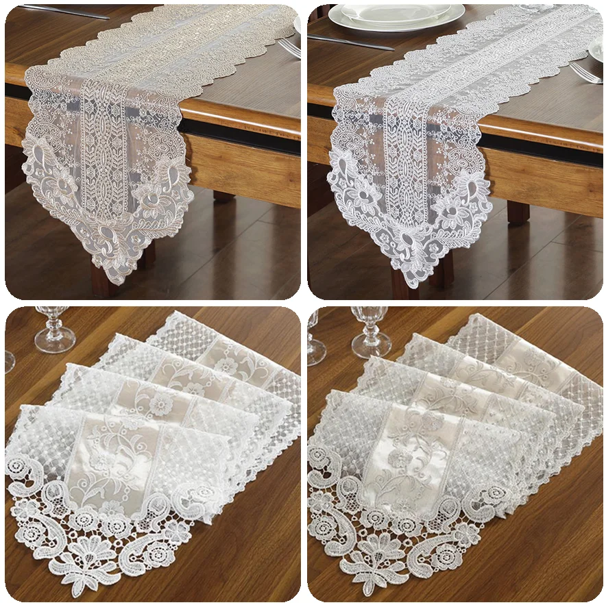 Chemin De Table Brode Sur Polyester Blanc Rectangulaire 36x138 Ajoure