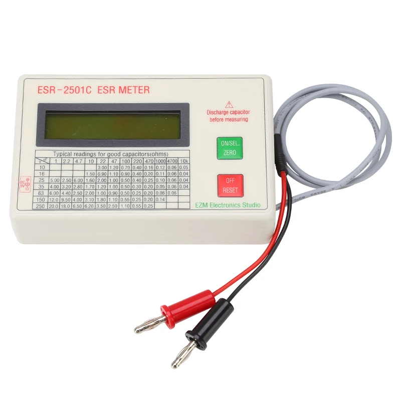 ESR2501C Capacitor ESR DCR Tester Test In Circuit Capacitance Meter Test Leads Clip Battery
