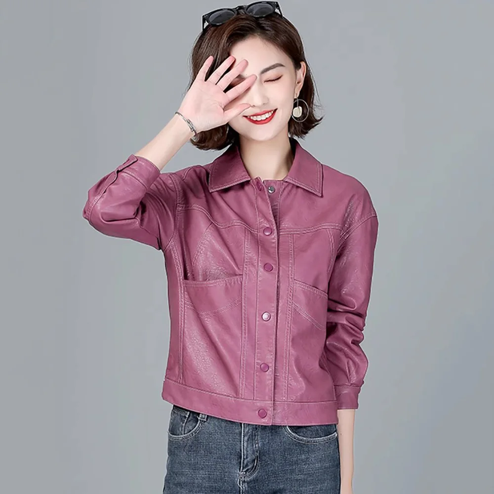 New Women Leather Jacket Spring Autumn Fashion Turn-down Collar Single Breasted Loose Short Coat Split Leather Casual Outerwear