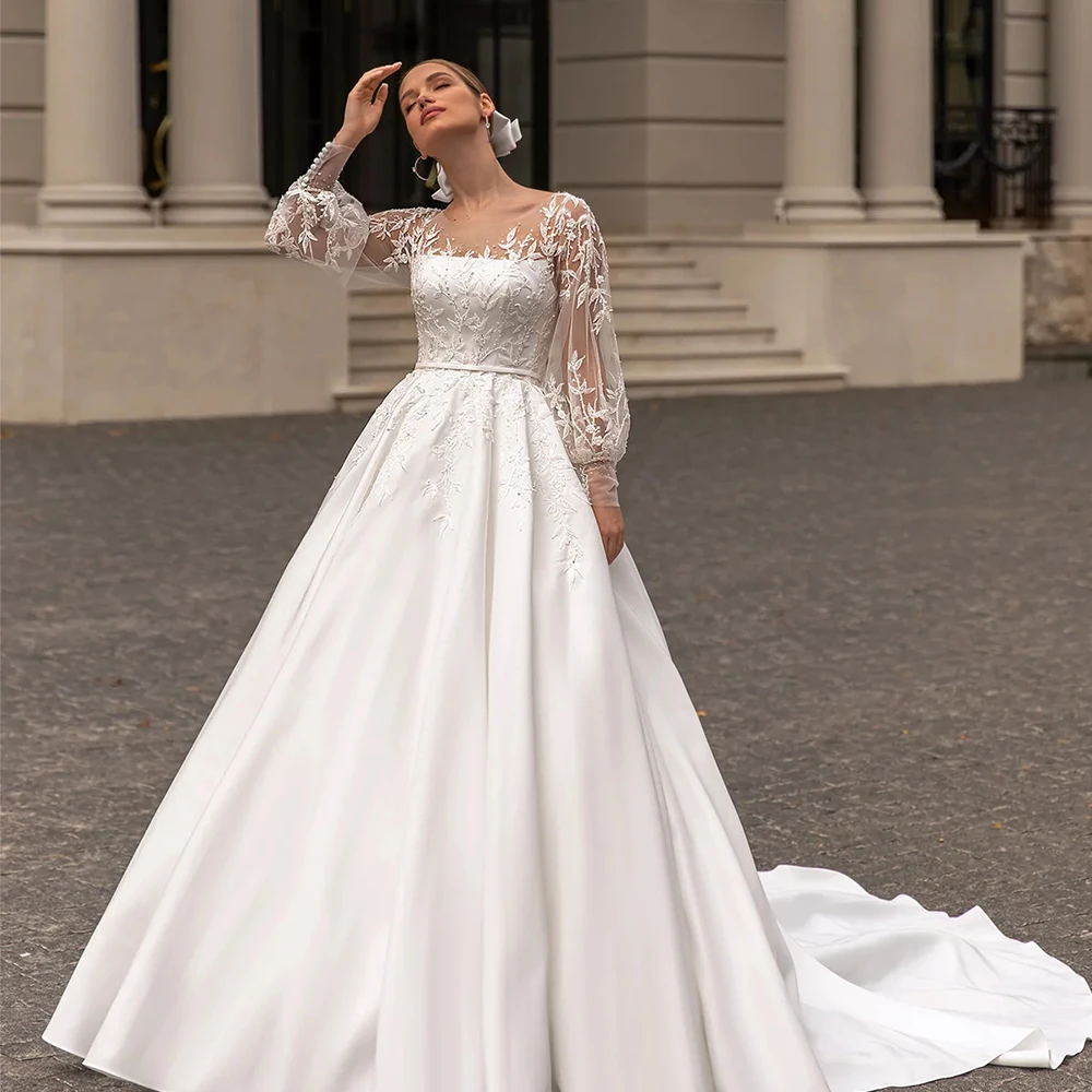 Classic Wedding Dresses Women O-Neck Full Sleeves Bride Dress Satin With Applique Sweep Train A-Line Occasion Gowns EBG98003 4