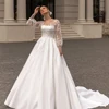 Classic Wedding Dresses Women O-Neck Full Sleeves Bride Dress Satin With Applique Sweep Train A-Line Occasion Gowns EBG98003 4