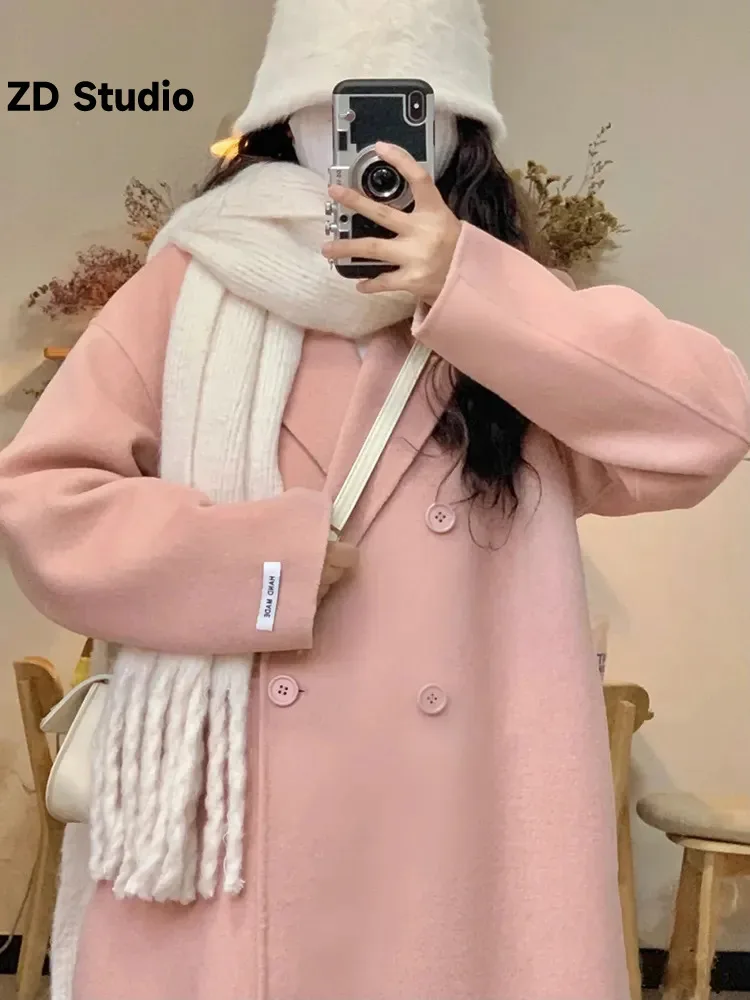 

[ZD Studio] Pink Double-sided Cashmere Coat For Women 2023 Autumn/winter Long Korean Version Of Small Woolen Temperament Coat
