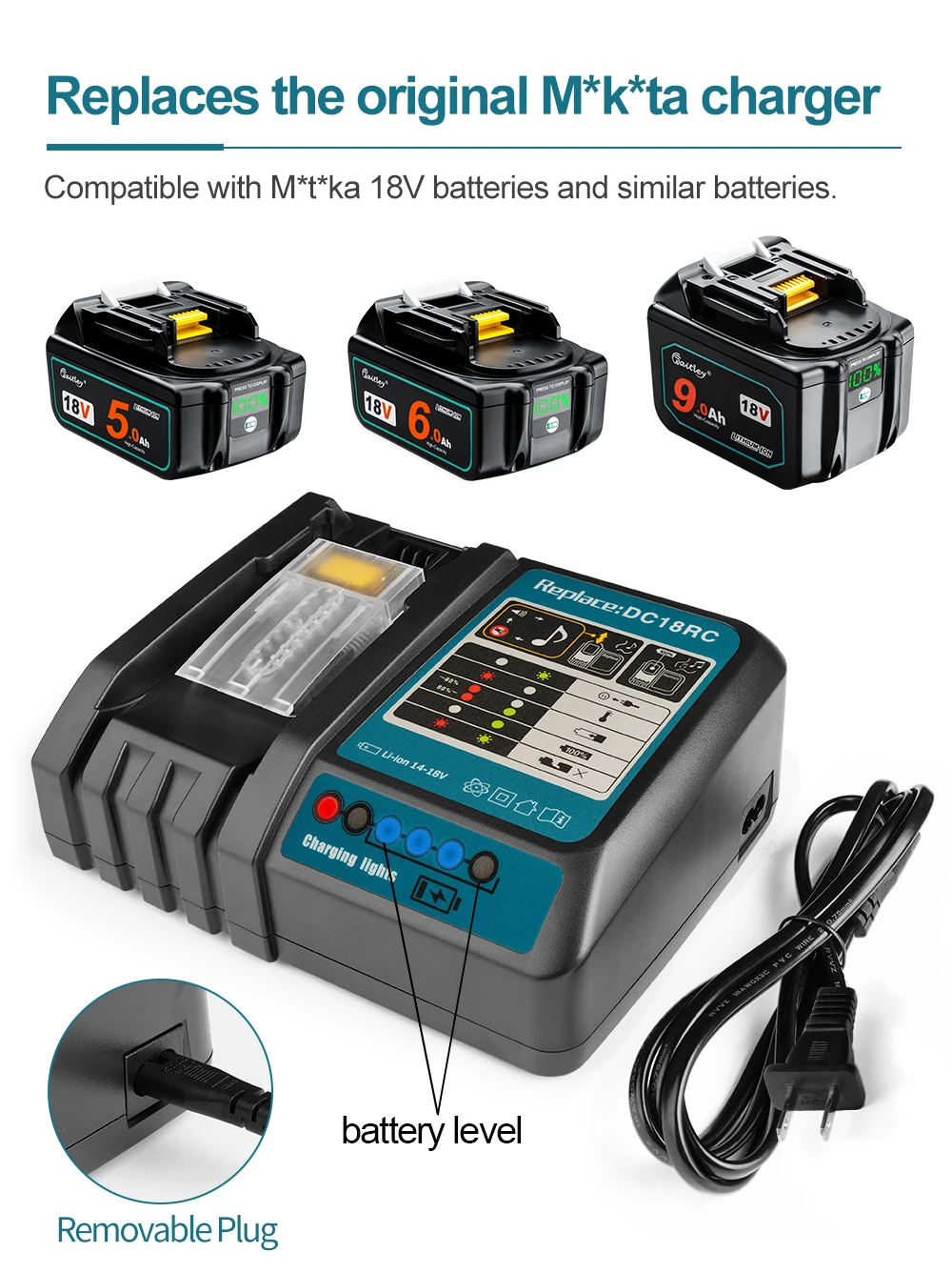 Waitley DC18RC Ladegerät für Makita 18V 14,4V Elektrowerkzeug-Akku, intelligentes Schnellladegerät mit Display und Lüfter/EU-Stecker – Detail 2