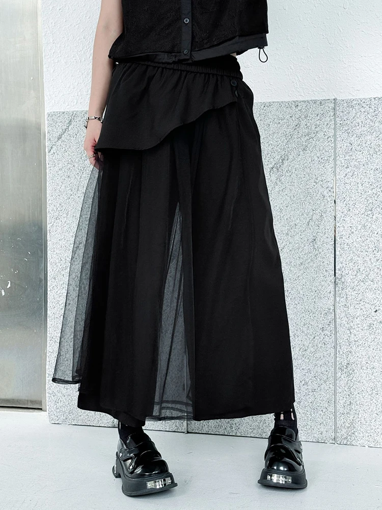 EAM High Elastic Waist Blue Irregular Mesh Spliced Wide Leg Pants New Trousers Women Fashion Tide Autumn 2026 1DJ1338