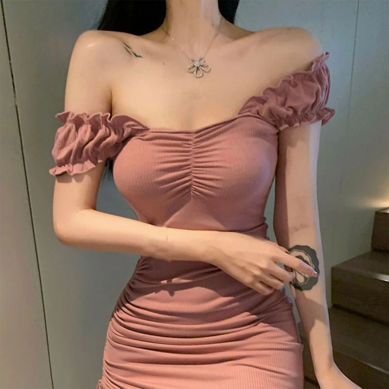 

Women Puff Short Sleeve Sqaure Neck Bodycon Mini Dress Sexy Off Shoulder Ribbed Knit Side Ruched Drawstring Slim Asymmetric Hem