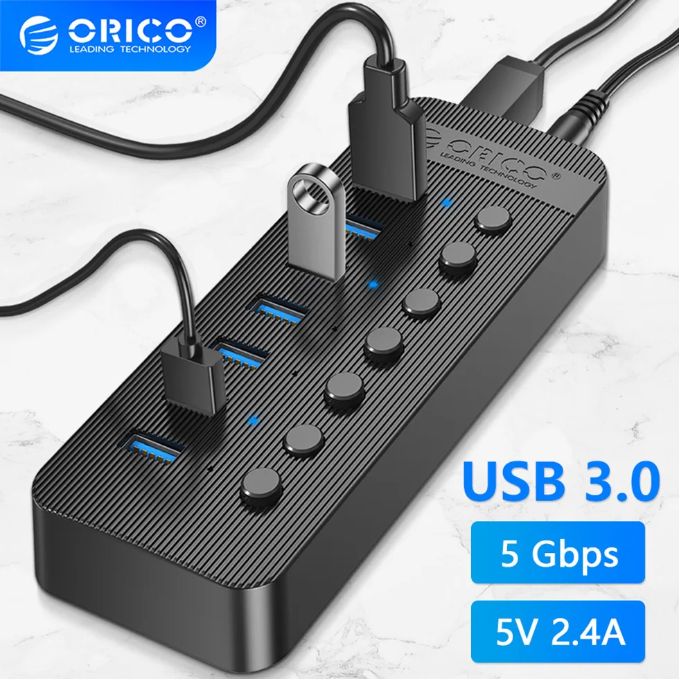 Hub USB 3.0 alimentado de 7 puertos, concentrador de datos USB ORICO con  adaptador de corriente de 12 V, divisor multi USB 3.0 con cable USB de 3.3