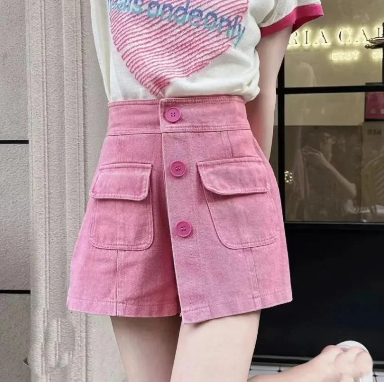 

Three Button High Waisted Pocket Denim Skirt Women Mini Sexy A-line Asymmetrical Shorts Jeans Skirts