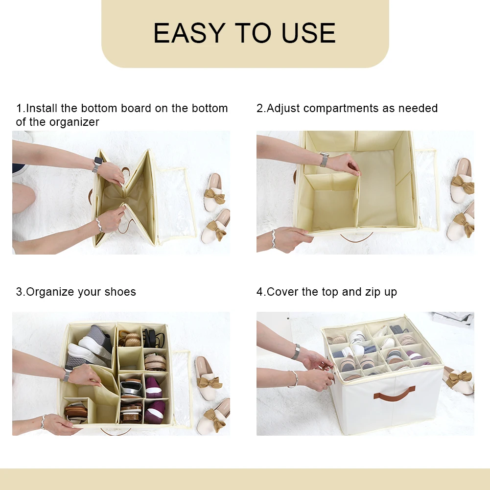 Fabric Shoe Organizer Foldable Shoe Storage Bin with Clear Lid Shoe Storage Box Adjustable Dividers for Sneakers Loafers Sandals 4