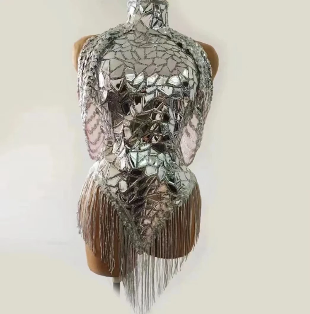 

Rhinestone Sparkly Silver Sequins Leotard Bling Sexy Dance Fringes Bodysuit Costume Birthday Singer Stage Wear