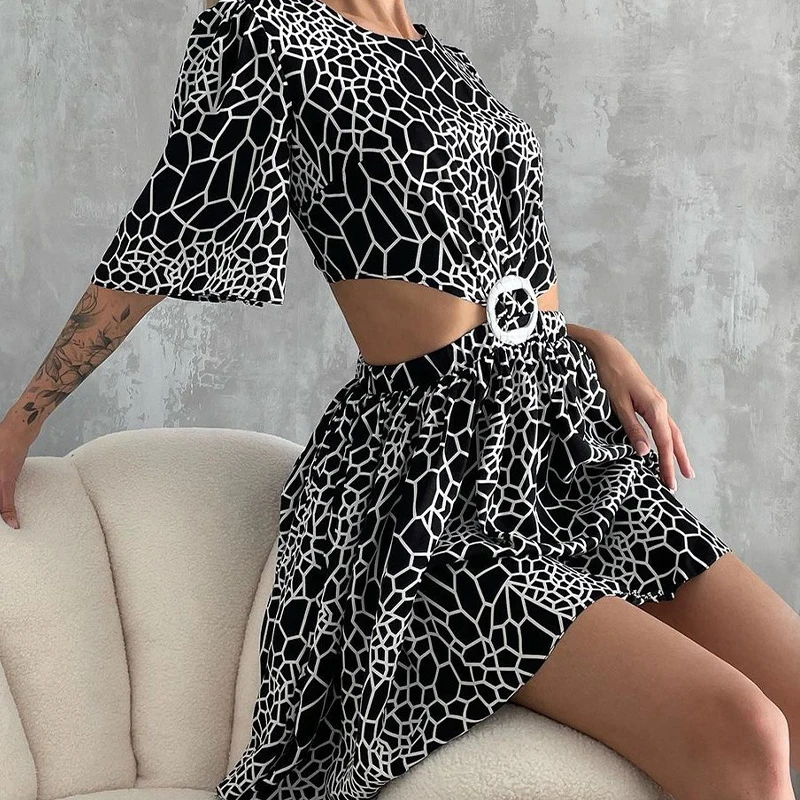 

Women Fashion Backless Pullover Short Dress Summer Pattern Print Hollow Out A-Line Dress Elegant O Neck Short Sleeve Party Dress