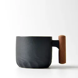 Handmade Vintage Coffee Mug with Wooden Handle - Exquisite Drinkware - 70ml (Black)