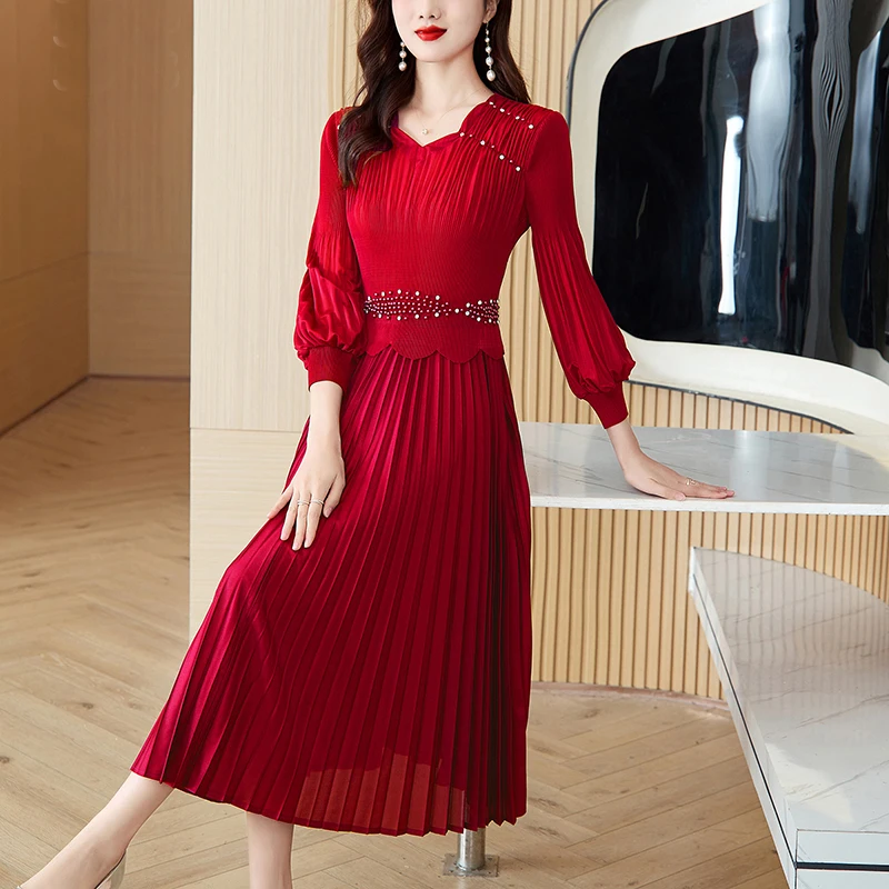 Spring Pleated Patchwork Chic Diamonds Luxury Midi Women's Dress Summer Elegant Bodycon Dress 2024 Korean Formal Occasion Dress - Image 2