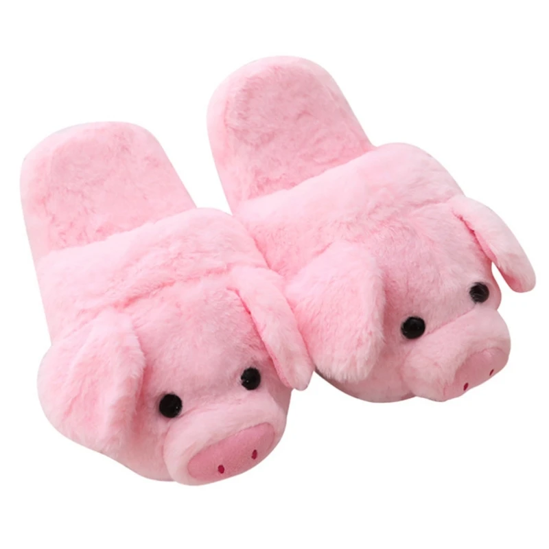 

Womens Winter Pink Little Pig Animal Cartoon Plush Slippers Funny Non-Slip Sole Furry Flat Indoor Home Warm Shoes