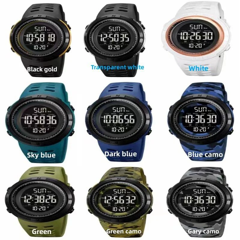 Skmei Dual Time Zone Mens Military Sports Watch 12/24 Hour Format Fashion TPU Band Big Size Dial Led Swimming Digital Wristwatch 6