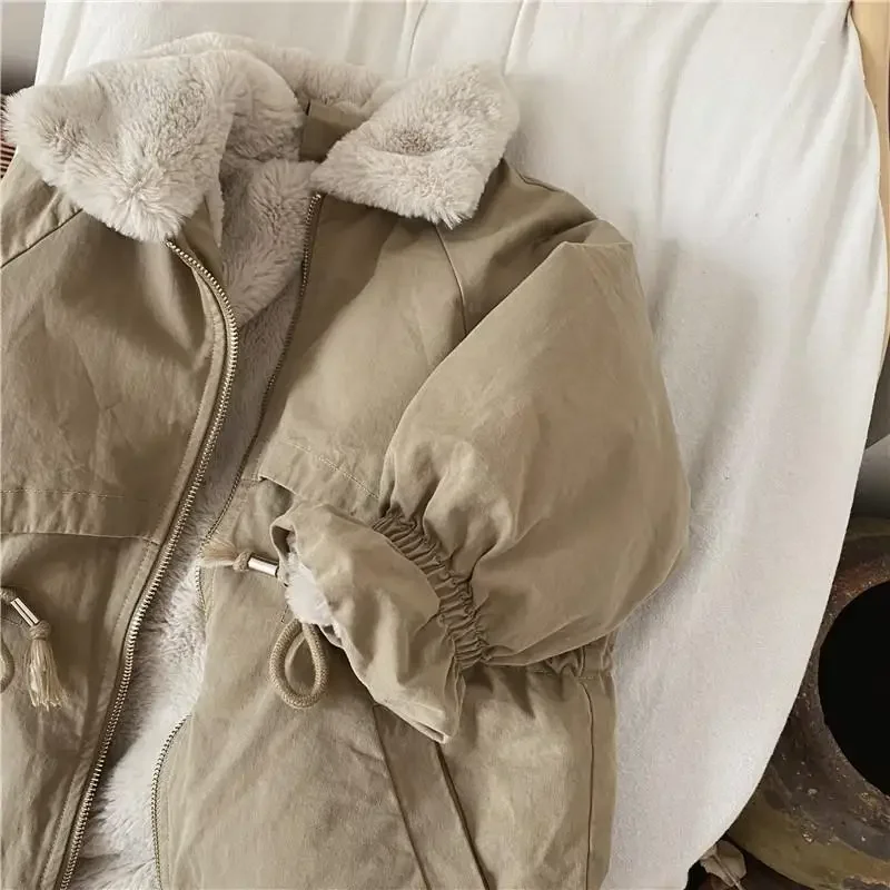 Cute Warm Jacket Autumn Winter Coats Baby Boys Khaki Lamb Wool Blend Parkas Coat Fur Jackets for Girls Children Snowsuit