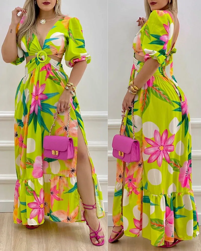 

Women V Neck Floral Print O-Ring Twist Cutout Split Thigh Short Sleeve Long Maxi Dress Casual Boho Beach Holiday Floral Dress