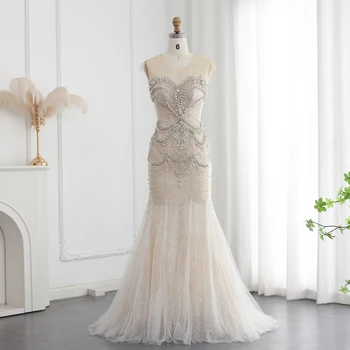 Luxury Dubai Tulle Crystal Pearls White Nude Mermaid Wedding Dresses for Women Engagement Bridal Party Gowns 528 1