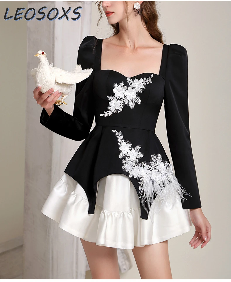 

French Elegant Style Women Dress Temperament Chic Feather Applique Contrast Color Waist Slim Square Collar Dresses High Street